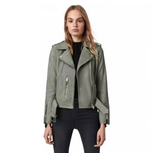 ALLSAINTS BALFERN LEATHER BIKER JACKET IN SAGE GREEN SIZE - 0